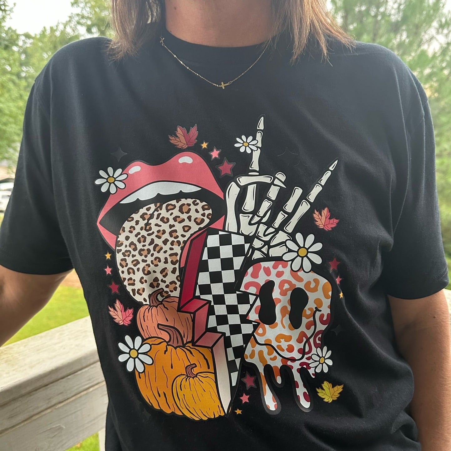 Retro Fall: Electrifying Joy Graphic Tee - Lightning Bolt, Skull Hand, Ghost, Pumpkins | Your Ultimate Fall Wardrobe Upgrade