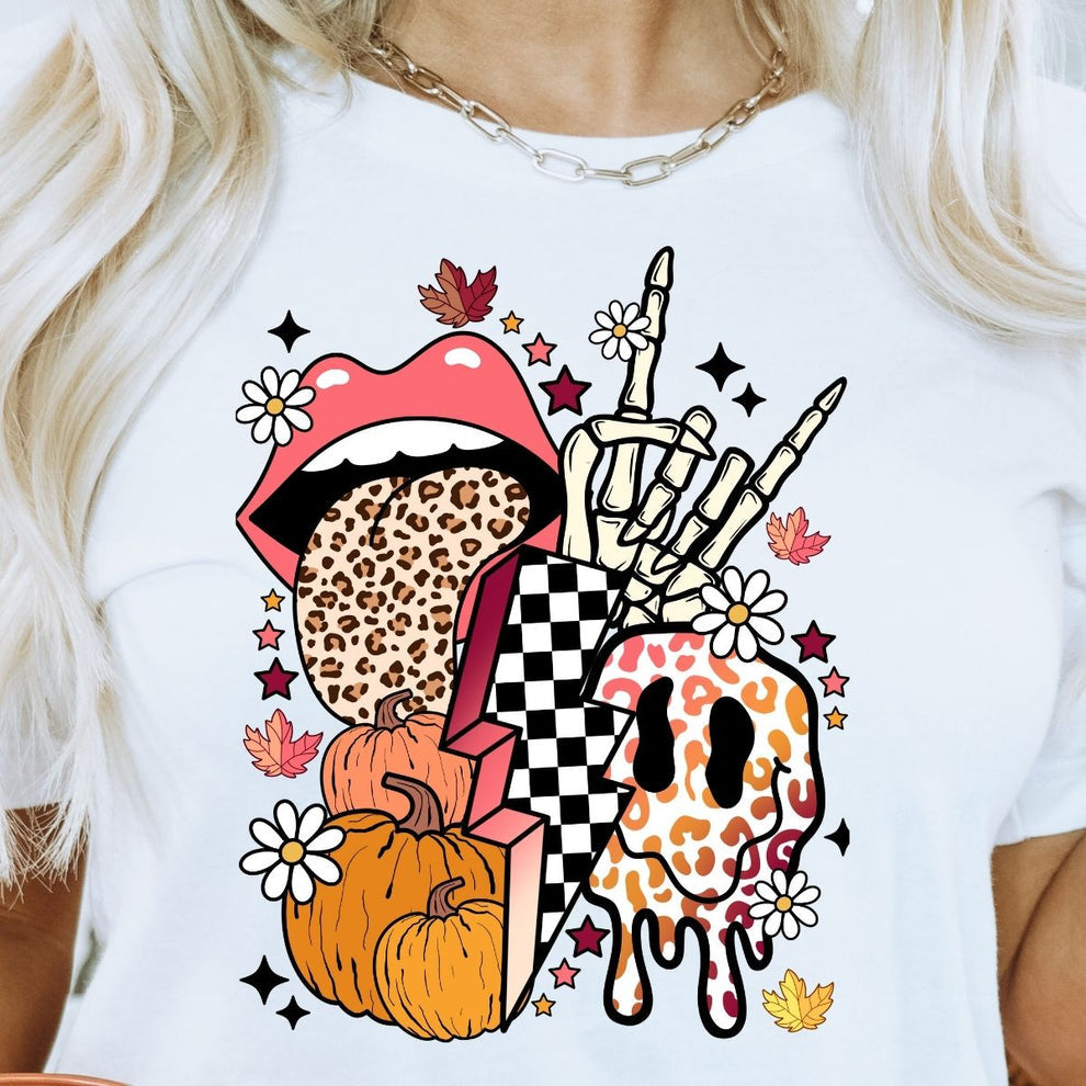 Retro Fall: Electrifying Joy Graphic Tee - Lightning Bolt, Skull Hand, Ghost, Pumpkins | Your Ultimate Fall Wardrobe Upgrade