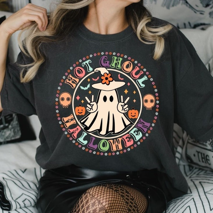 Spooky Chic: Hot Ghoul Halloween Peace Sign Graphic Tee