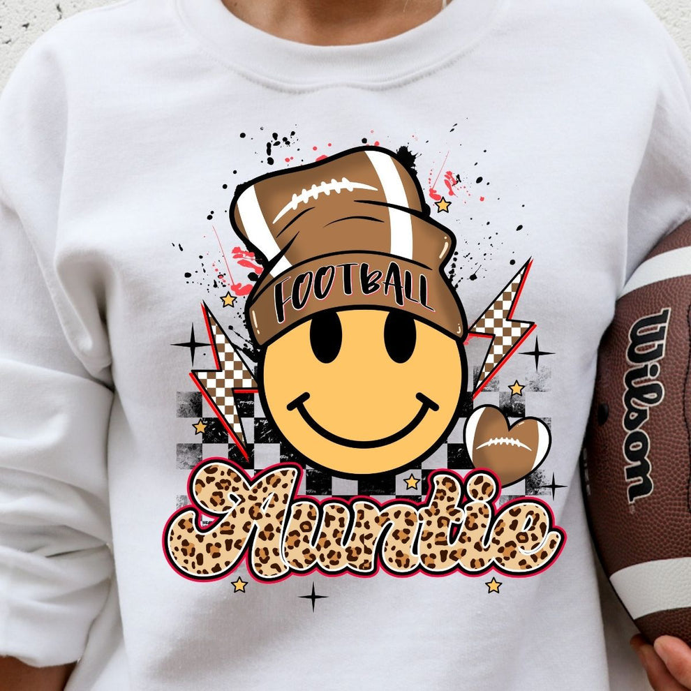 Score in Style: Football Auntie Beanie Smiley Face Sweatshirt - The Perfect Blend of Sporty and Chic!"